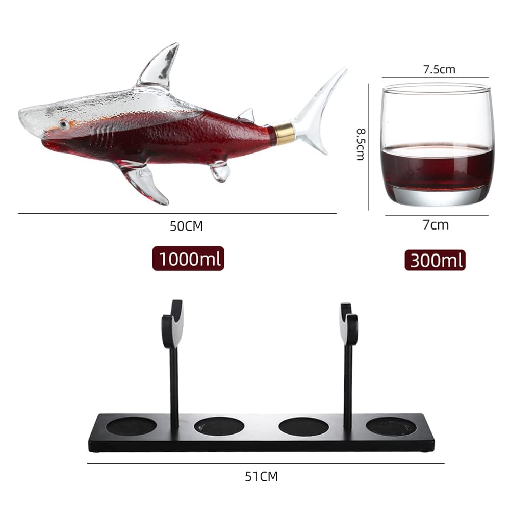 NF Whiskey Decanter Set with 4 Glasses & Wood Stand,1000ml Shark Decanter Glass Liquor Decanter For Whiskey, Scotch, Bourbon Vodka,Gift For Wine Lovers, M NF