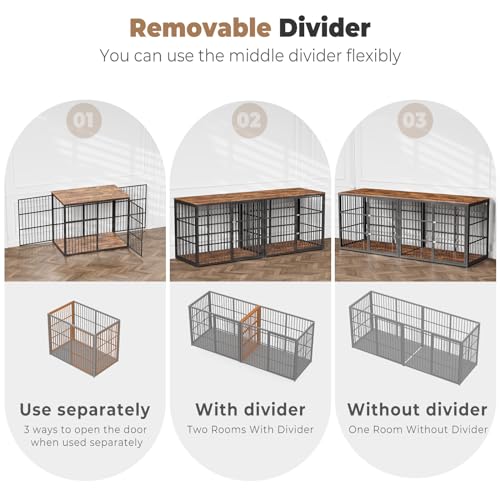 Lyromix 94.48'' Dog Crate Furniture Large Breed TV Stand with Double Rooms,Wooden Dog Kennel Dog Crate End Table with Removable Divider for Large Medium Dogs, Can Use Separately Lyromix