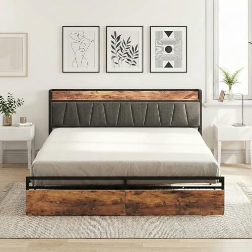 LIKIMIO King Size Bed Frame, Storage Headboard with Charging Station, Platform Bed with Drawers, No Box Spring Needed, Easy Assembly, Industrial Brown and Gray LIKIMIO