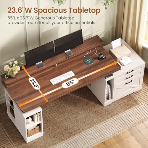 SEDETA Farmhouse Electric Standing Desk, 55" Height Adjustable Computer Desk with 3 Drawers, File Cabinet, Storage Shelves, Power Outlets, Wood Home Office Desk for Work, Study, Writing, White SEDETA