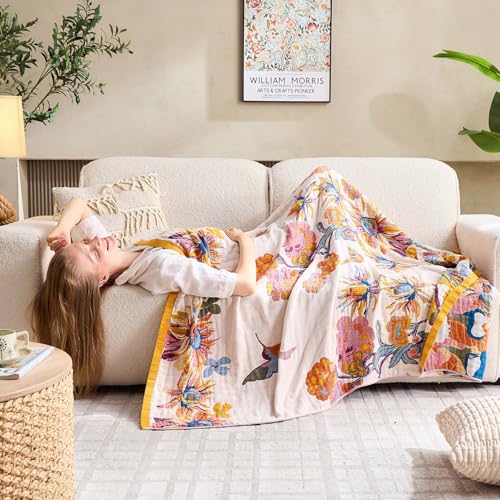 XIBLC Boho Throw Blanket, 100% Cotton Ultra Soft Luxury Throw Rustic Quilt, 50"x60" Floral Bird Butterfly Farmhouse Decor Bed Blankets, All Season Rustic Reversible Bohemian Throw for Bed - Yellow XIBLC
