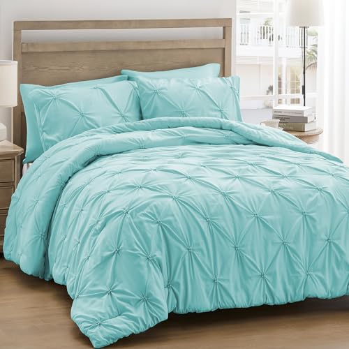 UNIKOME King Size Comforter Set Aqua Blue - Ultra Soft Boho Pintuck Down Alternative Bedding Set for All Seasons, 3 Pieces Lightweight Warm Pinch Pleat Bed Set with Comforter, 2 Pillowcases UNIKOME
