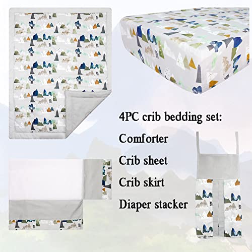 TANOFAR 4 Piece Crib Bedding Set for Boys, Infant & Toddler Nursery Bed Set with Crib Skirt, Quilt, Crib Sheet and Diaper Stacke, Standard Size Soft Baby Bed Set (Grey Mountain) TANOFAR