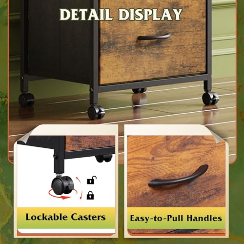 WLIVE Dresser with 3 Drawers, Fabric Nightstand, Cabinet with Wheels, Organizer Storage Dresser for Bedroom, Office, Closets, Sturdy Steel Frame, Easy Pull Handle, Rustic Brown Wood Grain Print WLIVE