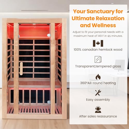 2 Person Infrared Sauna with Red Light Therapy, 1760W 120V Low EMF with Control Pane Home Indoor Dry Sauna Room for Gym & Spa, Made from Canadian Hemlock IWOODHOME