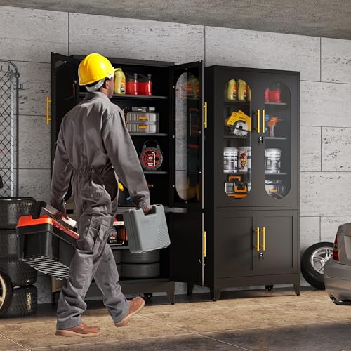 Lusiwry 71”H Metal Storage Cabinet with Lock Glass Doors and Shelves,Steel Garage File Cabinets, Kitchen Pantry Cabinet Tall Locker Organizer for Home, Office, Warehouse,Tool(Black) Lusiwry