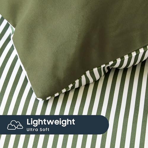 Wake In Cloud - Striped Comforter Set, Ticking Stripe Vertical Pinstripe Neutral Farmhouse Pattern Printed, Soft Lightweight Bedding, 3 Pieces, Olive Green White, King Size Wake In Cloud