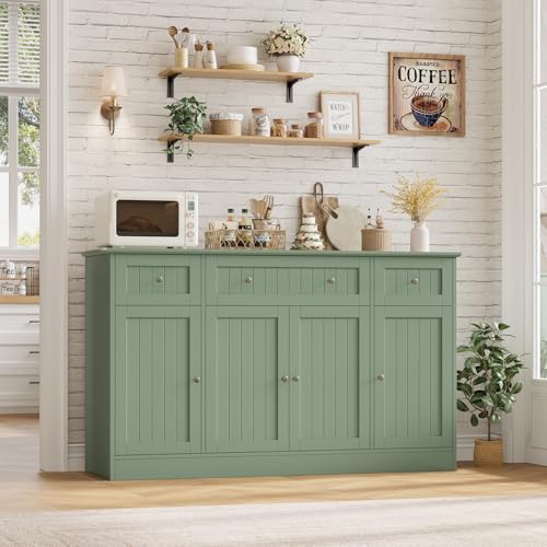HITHOS 55" Sideboard Buffet Cabinet with Storage, Modern Kitchen Buffet Storage Cabinet with Drawers, Wood Coffee Bar with Adjustable Shelves, Large Sideboard for Kitchen, Living Room, Green HITHOS