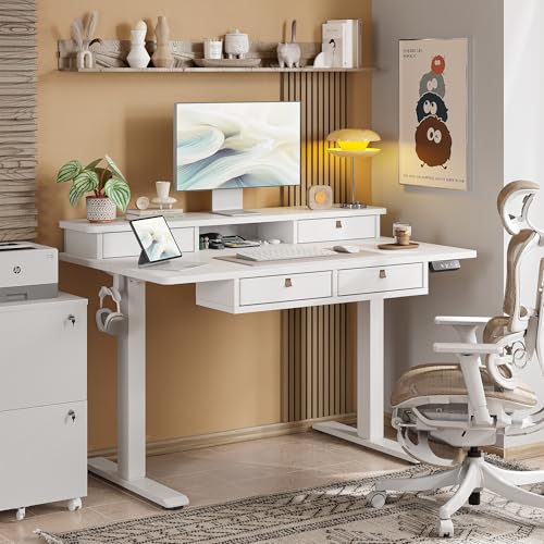 TIQLAB 55 * 28 Inch Standing Desk with Four Drawers, Electric Sit Stand Table, Stand Up Desk Adjustable Height with Storage Shelf, Splice Board, White TIQLAB