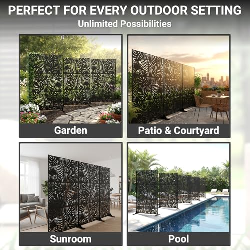 Metal Privacy Screen Outdoor โ 72in Decorative Laser Cut Steel Garden Divider Panel with Tropical Leaf Design, Weatherproof Freestanding Modern Privacy Fence for Patio, Deck, Backyard & Balcony TALLYVER