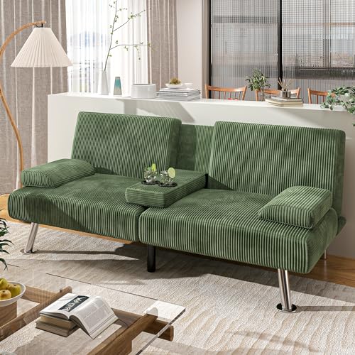 Shahoo Modern Upholstered Convertible Folding Futon Sofa Bed with Removable Armrests, Metal Legs, 2 Cup Holders for Living Room, Green Shahoo
