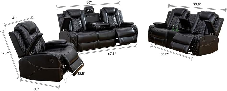 AYCP Multifunction Power Recliner Couch Set with LED Light, Storage Console, Cup Holders, USB Charging Port (3Piece, Black) AYCP