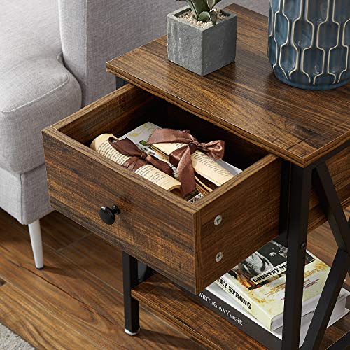 VECELO Modern Versatile Nightstands X-Design Side End Table Night Stand Storage Shelf with Bin Drawer for Living Room Bedroom, Set of 2 (Brown) VECELO