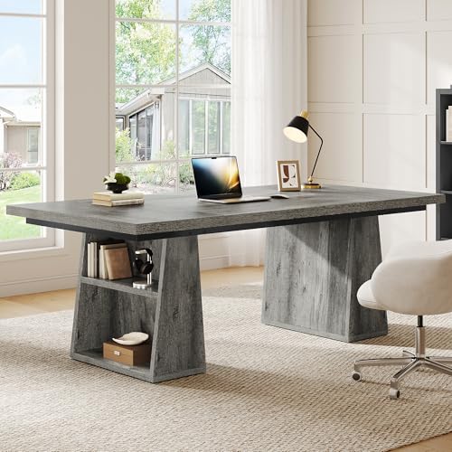 YITAHOME 63" Executive Desk, Large Office Desk Computer Desk with Double Pedestal and Storage Shelves, Wood Simple Workstations Writing Table Conference Table Business Furniture for Home Office, Grey YITAHOME