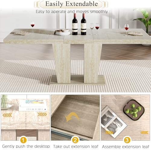 Goujxcy 7-Piece Extendable Dining Table Set for 6, 63-78 Inch Faux Travetine Kitchen Table Set with 6 Black Upholstered Chairs Modern Wood Expandable Dining Room Table Set for Kitchen Apartment Goujxcy