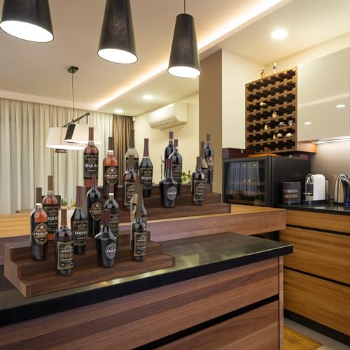 tongmo 2 Pack Liquor Bottle Stand - 3 Tier Liquor Bar Bottle Display Shelf, Holds 42 Bottles, Real Wood, Easy to Clean, No Installation Required - 30 Inch Each (Dark Walnut) tongmo