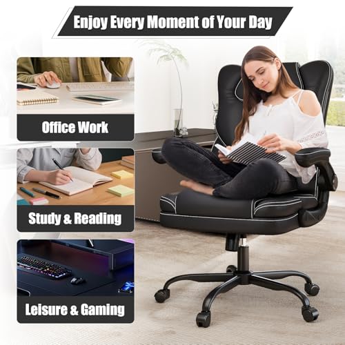Ergonomic Office Chair with Flip-up Armrests 300lbs,Middle-Tall Computer Office Desk Chair with Lumbar Support,Executive Leather Chair with Rocking Function Adjustable Height for Home Office Box DesignLab