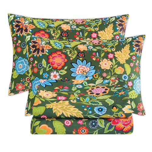 Bedlifes Full Sheet Set Ultra Soft, Breathable, Silky Flower Deep Pocket 100% Microfiber Bedding, 4 Piece Full Size with Floral Dark Green Bedlifes