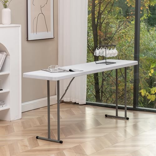 BTEXPERT Set of 2, 5-Foot - 60" Long White Plastic Folding Seminar Training Table Portable 18" Wide Narrow, 29" High, Events Indoor Outdoor Lightweight BTEXPERT
