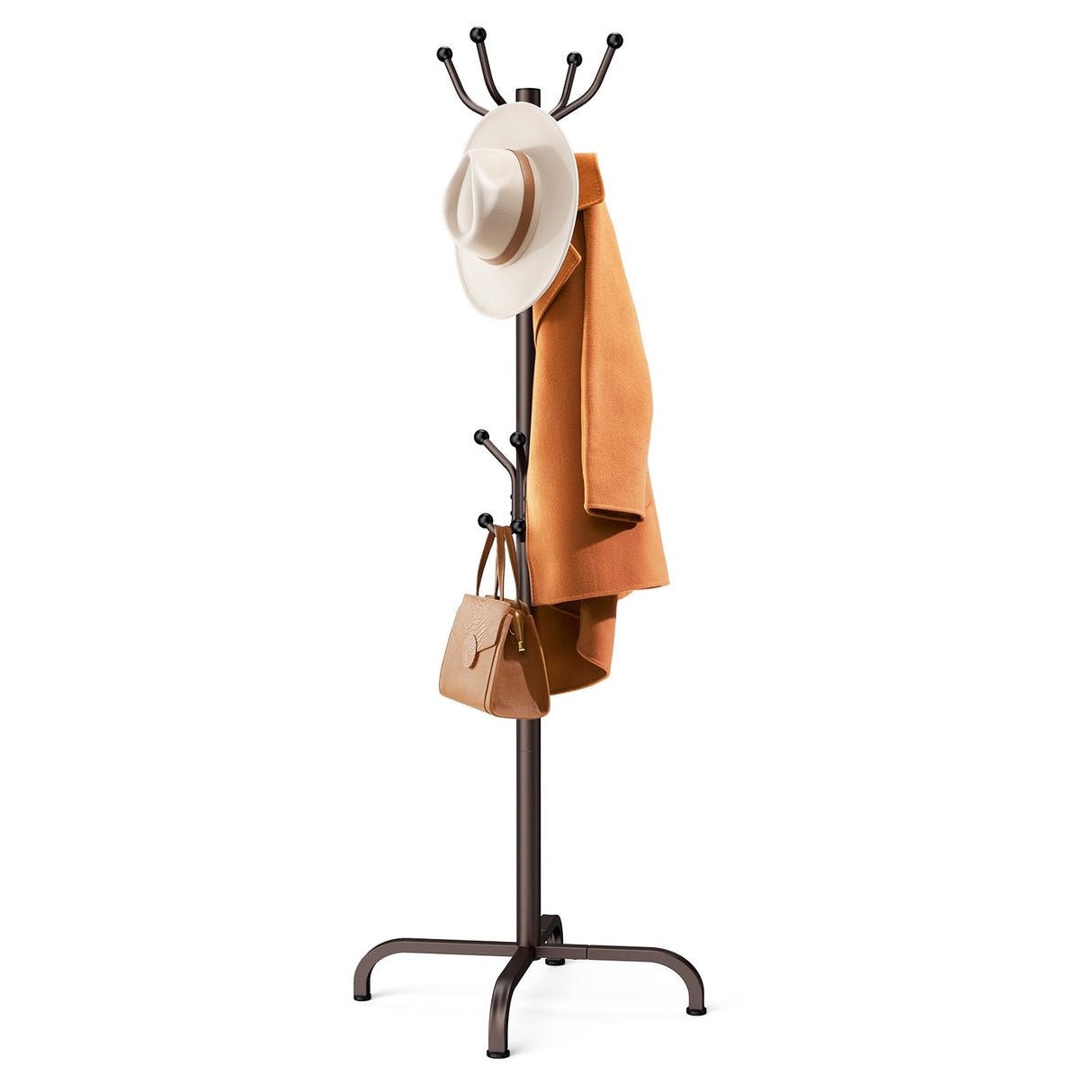 Pipishell Coat Rack with 14 Hooks, Freestanding Coat Rack Stand for Entryway, Hallway, Bedroom, and Office, Metal Coat Tree & Hat Rack for Coats, Hats, and Bags, Brown Pipishell