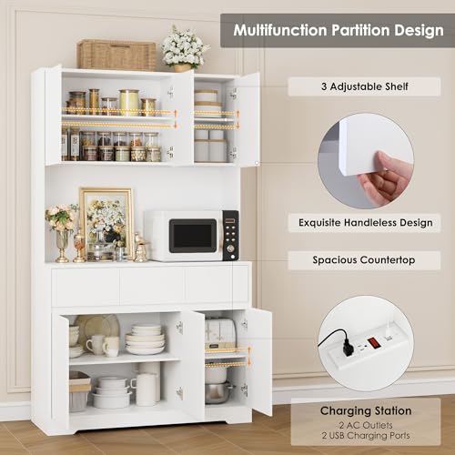 finetones 71'' Tall Kitchen Pantry Storage Cabinet with Power Outlets and Led Lights, Large Kitchen Hutch Buffet Cabinet with Microwave Stand, Pantry Cabinet Kitchen Cabinet with Buffet Cupboard finetones