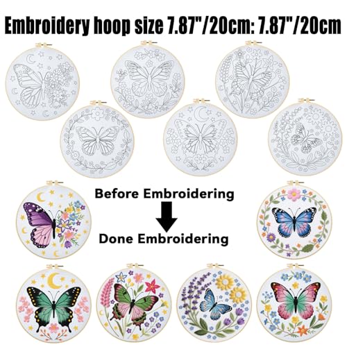 ORIGACH 6 Pack Butterfly & Flower Wreath Embroidery Kits for Beginners, DIY Starter Hand Embroidery Kit with Floral and Butterfly Patterns and Instructions for Adults Women Crafting