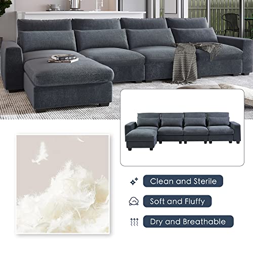 Eafurn Feather Filled Oversized Convertible Modular Sectional Sofa with Movable Ottoman, L Shaped Deep Seat Reversible Sleeper Corner Couch with Waist Pillows for Living Room Furniture Sets Eafurn