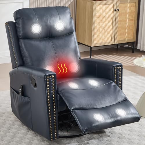 Genuine Leather Swivel Rocker Recliner Chair for Adults, Manual Glider Rocking Chair for Nursery with Vibration Massage & Lumbar Heat, Rivet Design Single Sofa for Living Room, Blue