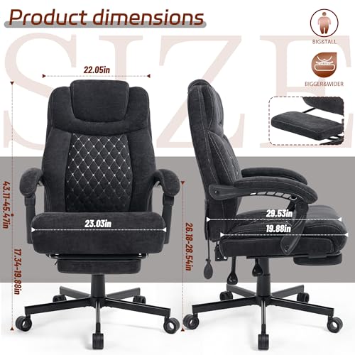 600LBS Big and Tall Office Chair for Heavy People,Large Reclining Executive Office Chairs with Foot Rest&Air-Adjust Lumbar Support,Fabric Ergonomic High Back Computer Chair, Black BIGGARSIT