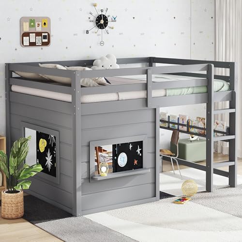 Bellemave Full Size Loft Bed for Kids with Sliding Chalkboard & Bookshelf, Sturdy Wooden Full Loft Bed Frame with Safety Guardrails, Space Saving Kids Loft Beds with Under-Bed Play Space, Grey Bellemave