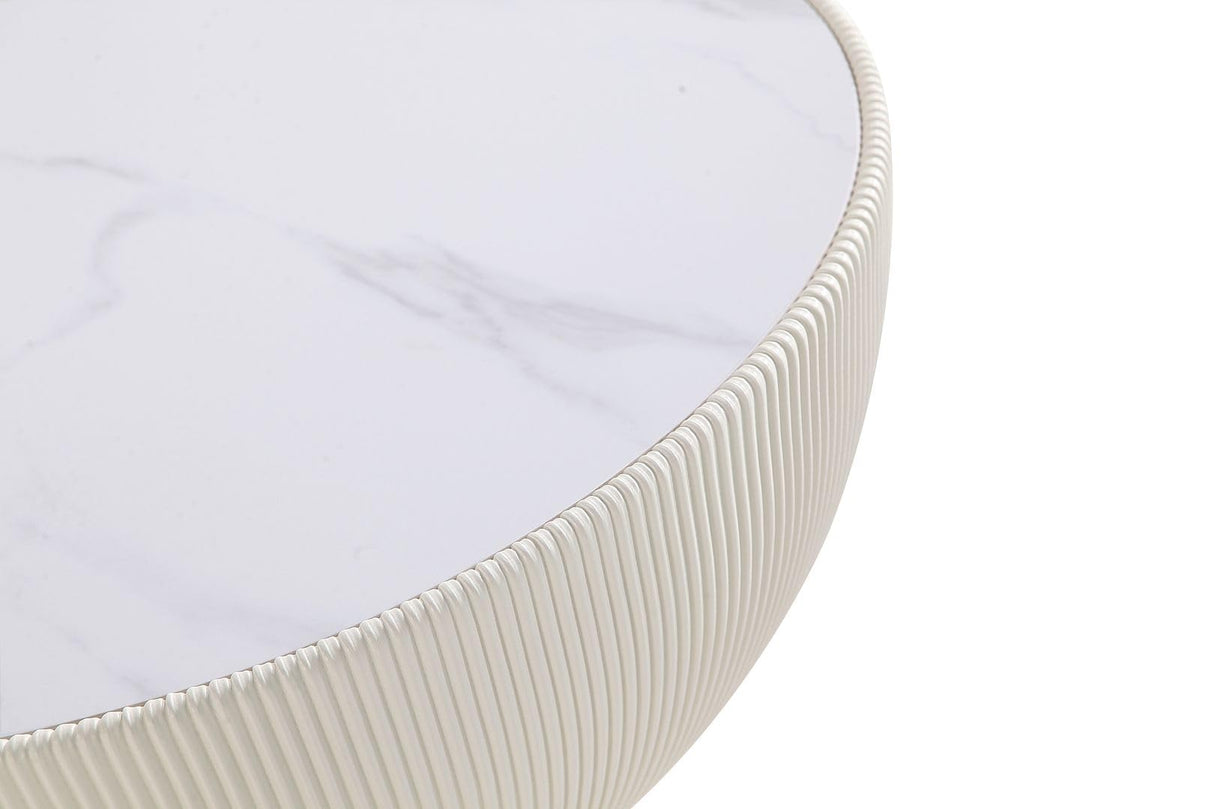 Manhattan Comfort Modern Anderson Coffee Table Upholstered in Cream Leatherette with Ceramic Faux Marble Tabletop Manhattan Comfort