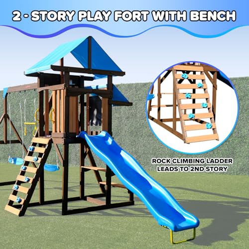 Sportspower™ Rosemont Wooden Swing Set with 8' Slide, 2 Adjustable Swings, Trapeze, Play Fort with Rock Climber, Sandbox, Picnic Table, Chalk Tarp & Anchor Kit, Outdoor Playset for Kids Ages 3–8 Sportspower