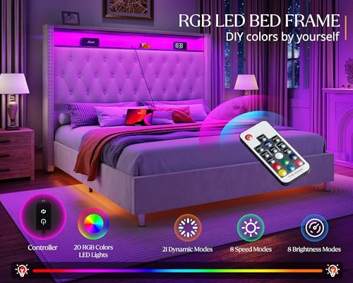 Jocisland Gray Velvet Queen Bed Frame with LED Lights & Charging Station Jocisland