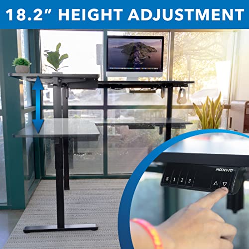 Mount-It! L Shaped Standing Desk - Large Electric Corner Height Adjustable Sit Stand Workstation Height Range 28.3-46.5", 3 Memory Settings, Steel Legs, Black Steel Frame, Black Tabletop Mount-It!
