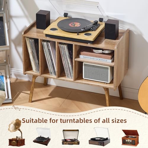 Lerliuo Record Player Stand with 4 Cabinet Holds Up to 220 Albums, Large Turntable Stand with Beech Wood Legs, Mid-Century Record Player Table Lerliuo
