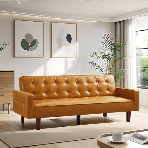 liuyouhom 74" Futon Sofa Bed, Mid Century Modern Futon Couch, Small Sofa Cama, Loveseat, Small Couches for Living Room, Office(Faux Leather, Brown)