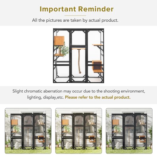 Outdoor Cat Catio Enclosures Large Pine Wood Cat House Patio for Feral Cat Shelter with 2 Enter Doors, 2 Resting Rooms, 3 Platforms, 68.5" H (Black Brown) Caviresta