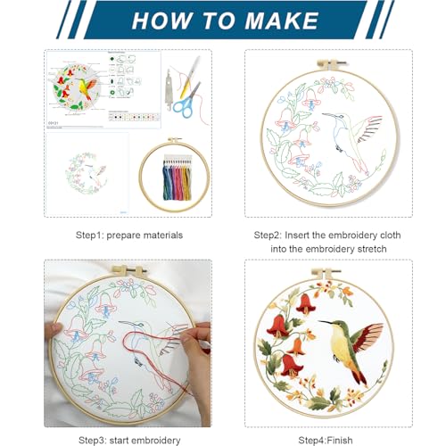 Zhenqing 3-Piece Hummingbird Embroidery Kit for Beginners - Complete Set with Pre-Printed 29x29cm Cotton Fabric, Hoop, Threads & Tools (C0168)