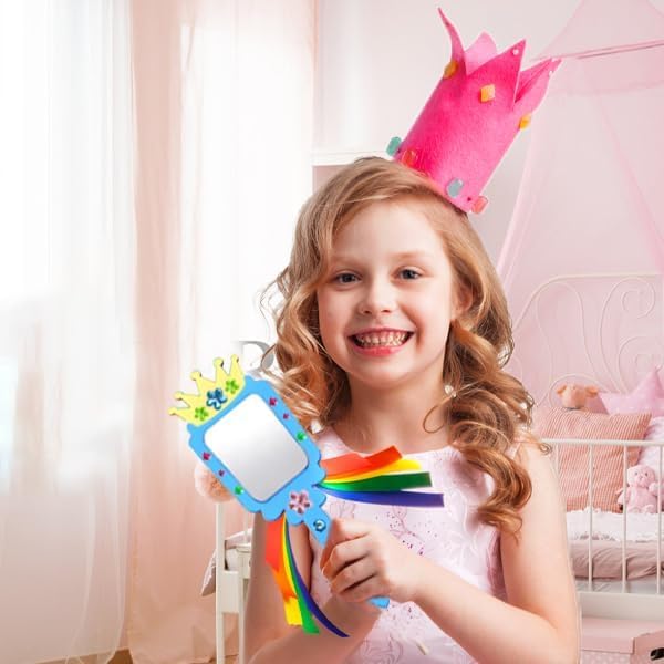 Coloch 12 Pack Wood Mirror Crafts for Kids, DIY Mini Wooden Princess Mirror Unfinished Handheld Mirrors with 2 Painting Brushes and 3 Stickers for Handmade Craft, Birthday, Gift Coloch