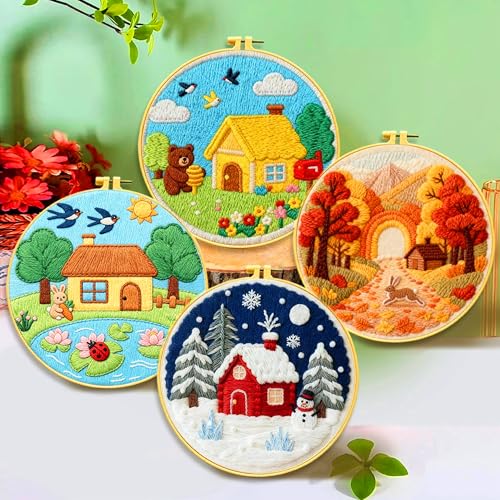 Zhenqing Four Seasons Embroidery Kit for Beginners, 4-Pack Circular Scenes with 20cm Hoop, Pre-Printed 29x29cm Fabric & Threads, Spring Summer Fall Winter Landscape Designs(C0182)
