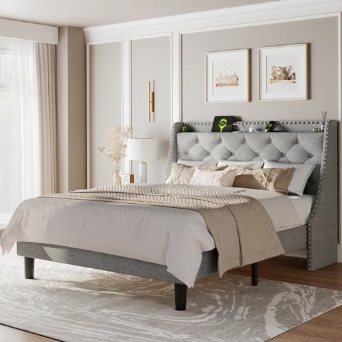 Feonase Full Size Bed Frame with Luxury Wingback and Fast Charging Station,Full Upholstered Button Tufted Storage Headboard Platform Bed,Sturdy Wooden Slats Support,Easy Assembly,Noise-Free,Light Gray Feonase