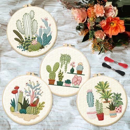 INFUNLY 4pcs Cactus Embroidery Kit Embroidery Starter Kits Cactus Cross Stitch Kits for Adults Stamped Embroidery Set with Patterns Embroidery Kit for Beginners Instruction Included