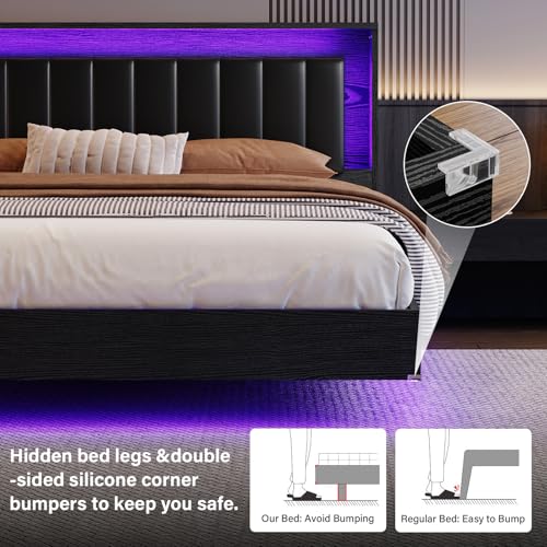 Belffin Floating Bed Frame Queen Size with LED Lights & Charging Station, Wooden Headboard with Hidden Storage and Faux Leather Backrest, Easy Cleaning, No Box Spring Needed, Noise-Free, Black Belffin
