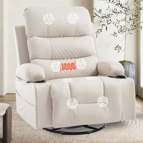 KCQ Rocker Recliner Chair with Heat and Massage, Oversized Manual Recliner Chair with Cup Holder, Faux Leather Swivel Rocking Recliner Glider Chair for Nursery, Beige KCQ