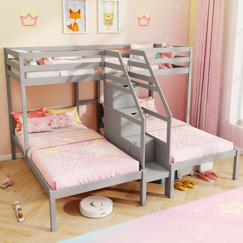 KOTEK Triple Bunk Bed with Stairs, Twin Over Twin & Twin Bunk Bed Frame with Guardrail & Storage, Wooden Bunkbeds for 3 Kids Teens, No Box Spring Needed (Grey) KOTEK