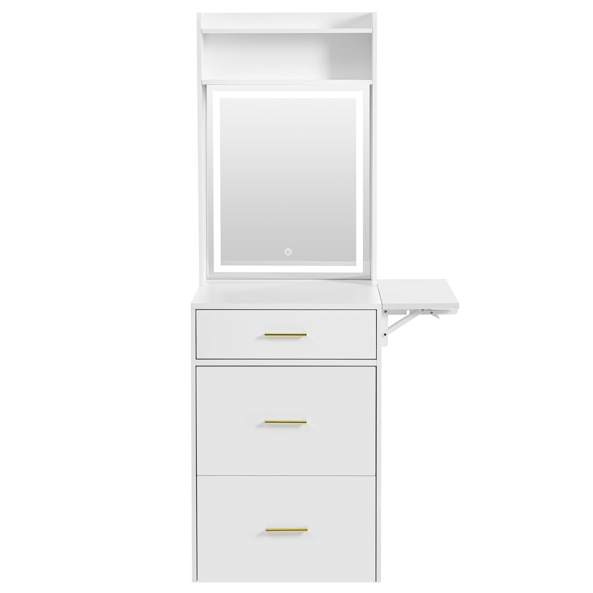 LUMISOL Small Makeup Vanity with Mirror and Light, Makeup Vanity Desk with Charging Station & Fold-up Shelf for Small Space, 3 in 1 Compact Makeup Vanity Set with Hidden Stool, Dressing Table, White LUMISOL