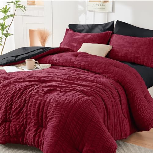 HYMOKEGE Red & Black Twin XL Comforter Set Seersucker 5 Pieces, All Season Luxury Bed in a Bag for Bedroom, Bedding Set with Comforter, Sheets, Pillowcase & Sham HYMOKEGE