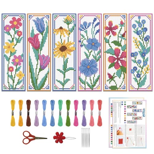 ORIGACH 6 Pcs Flower Cross Stitch Bookmark Kit for Beginner with Backing Felt Floss Instruction Sunflowers Tulip DIY Stamped Embroidery Bookmark Kit for Starter Adults Book Lovers