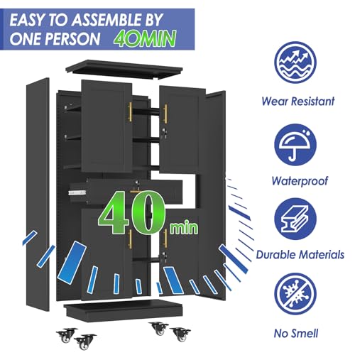 AUEYTVR 61" Metal Garage Storage Cabinet with Wheels and Locking Doors and Tall Rolling Steel Tool Cabinet with 5 Adjustable Shelves for Garage,Home,Office,Shop (Black, 71" H x 35.43W x 15.74" D) AUEYTVR