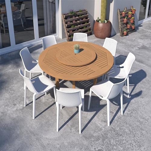 Urban Elements Melbourne 9-Piece Round Patio Furniture Set | Teak Finish 100% FSC Eucalyptus Wood | Backyard Furniture, Outside Table and Chairs, Outdoor Dining Set, White Urban Elements